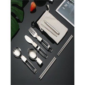 304不銹鋼折疊刀叉勺戶外野營便攜式餐具隨身沙拉勺筷子吸管套裝