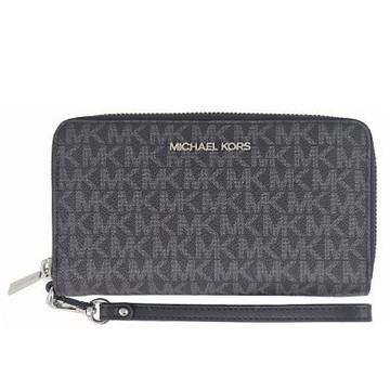 MICHAEL KORS Jet Set 黑色MK花紋防水布提把拉鍊手機中夾