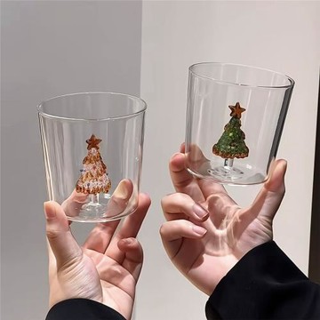 新品圣誕樹立體水杯可愛創意透明耐熱玻璃杯牛奶杯高硼硅杯