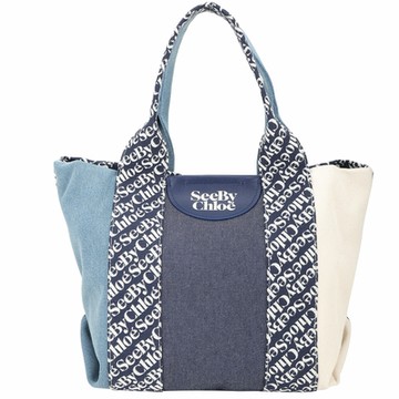 SEE BY CHLOE Laetizia 小款 拼接字母印花牛仔帆布手提/肩背包(藍色)