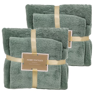 珊瑚絨毛巾浴巾組 森林綠 柔軟吸水速乾 親膚舒適  2組