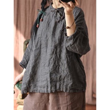 小樹/盤扣色織亞麻復古格子套頭短袍子做舊春秋文藝襯衫外套素衣