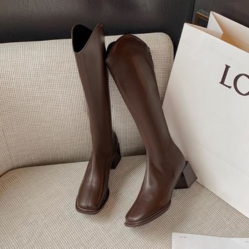 2025新款彈力方頭粗跟V口長筒靴女后拉鏈顯瘦不過膝高筒騎士長靴