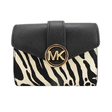 MICHAEL KORS COOPER新款金屬LOGO獸紋皮毛鈔票/卡片/零錢拉鍊短夾(黑白)