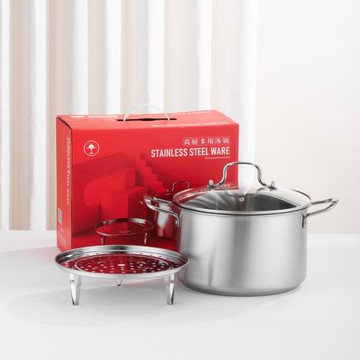 歐式加厚不銹鋼湯蒸鍋大容量雙耳高湯鍋湯蒸鍋帶電磁爐鍋禮品鍋具