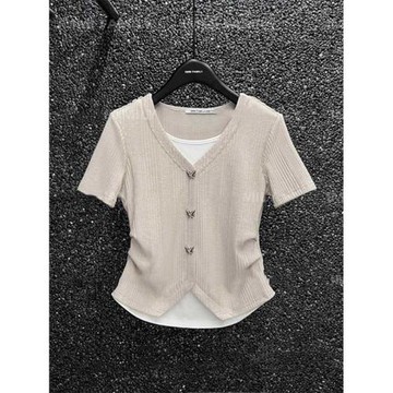 假兩件蝴蝶下擺開叉短袖T恤女2026夏季時尚氣質小眾百搭捏褶上衣