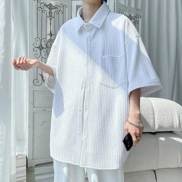 夏季新款冰絲薄款短袖襯衫男女情侶寬鬆大碼純色休閒潮牌襯衣外套