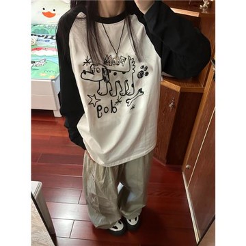 美式復古卡通插肩袖長袖T恤女秋季薄款2023爆款新款oversize衛衣