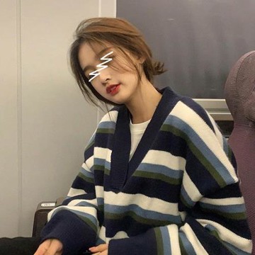 秋季新款韓國條紋V領毛衣女慵懶風套頭復古設計感小眾針織衫寬松