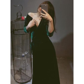 輕熟秋冬裝厚款金絲絨一片式連衣裙V領裹身長裙改良旗袍長款顯瘦