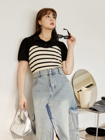 假兩件條紋馬甲造型拼接翻領短袖上衣