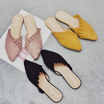 網紅包頭涼拖鞋女2021春夏季新款尖頭荷葉邊仙女平底半拖鞋單鞋女