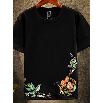 2025夏季新品國潮荷花刺繡圖案棉短袖T恤 男寬松薄款黑色半截袖潮