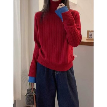 打底衫女款2025秋冬新款高領羊絨針織衫撞色袖口設計新年紅色毛衣