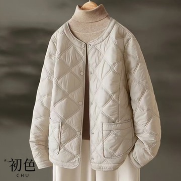 初色 圓領單排扣輕暖菱格壓紋長袖科技保暖纖維外套女外套-灰色-38656(M-2XL可選)