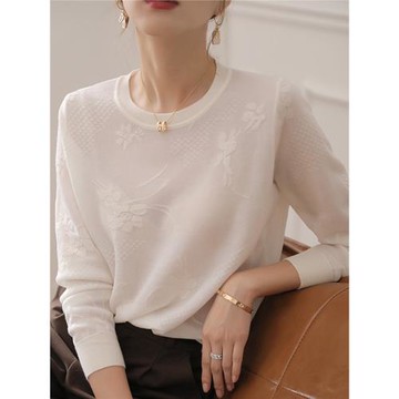 白色圓領針織衫女2025早秋新款設計感提花顯瘦羊毛長袖打底衫上衣