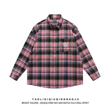 高級感撞色格子長袖襯衫女春季復古oversize休閑情侶襯衣外套潮牌