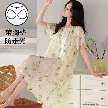 雲朵棉女睡裙短袖甜美可外穿帶胸墊梭織棉夏季薄款透氣韓範家居服女生睡衣短袖睡裙女生睡裙韓版睡裙家居服睡裙