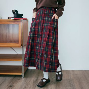 OB嚴選-日系格紋假排釦後腰鬆緊百褶裙《CA3176-》