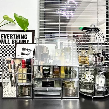 新款玻璃化妝品收納盒桌面防塵護膚品置物架輕奢口紅化妝刷儲物盒 z8092
