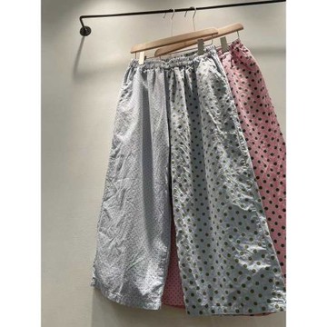 夏季女裝新款顯瘦圓點拼接松緊腰純棉寬松闊腿褲直筒褲女褲休閑褲