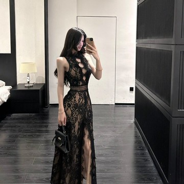 【桃喜Rich女裝】白色洋裝 蕾絲洋裝 性感無袖連衣裙女 河後背鏤空長裙 宴會晚禮裙 黑色連身裙 A字裙