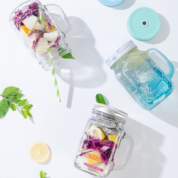 梅森杯玻璃杯 帶蓋成人喝水杯子把手吸管水杯 果汁女辦公泡茶杯