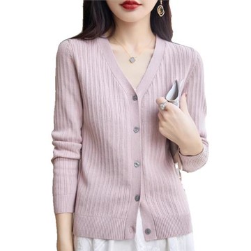 100%純棉針織開衫外套女2024秋季V領中厚豎條毛衣外搭全棉線上衣