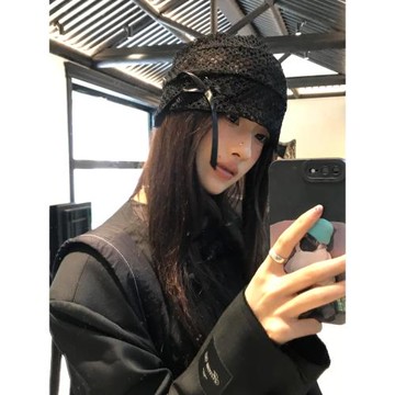 蕾絲鏤空蝴蝶結冷帽女黑色韓版彈力堆堆帽設計感小眾百搭包頭帽子