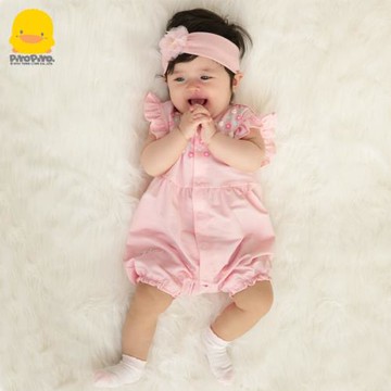 黃色小鴨嬰兒連體衣短袖哈衣2023夏季新款寶寶爬服蝴蝶袖甜美夏裝