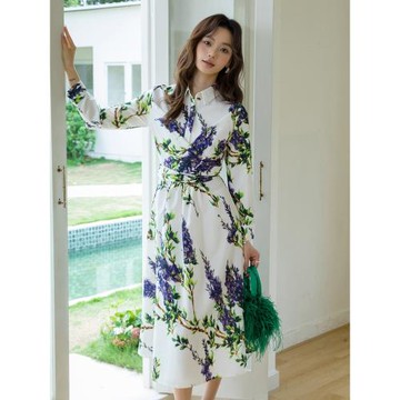 一諾時光日系白色棉感溫柔連衣裙收腰碎花復古法式a字襯衫裙1276