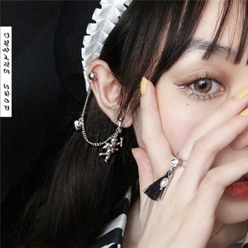 台灣現貨 貓熊繽雰 小天使桃心可愛甜美少女公主法式浪漫耳環耳夾耳骨歐美復古暗黑系丘比特愛心一體長鏈珍珠帥氣酷耳釘銀