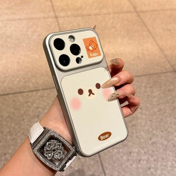 可愛小熊適用小羊皮蘋果17PROMAX高顏值大視窗手機殼iPhone16少女