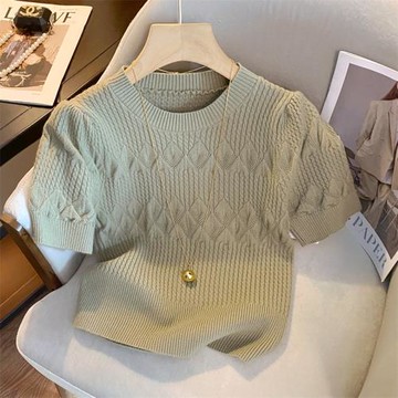 洋氣復古泡泡短袖針織T恤女夏款2025新款設計感小眾內搭短款上衣