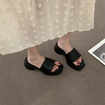 厚底拖鞋夏季外穿休閑涼拖設計感小眾露趾高跟鞋黑色百搭女鞋2024