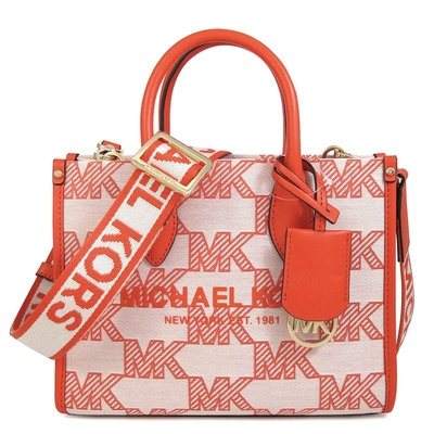 MICHAEL KORS Mirella 緹花描邊Logo寬背帶小手提肩斜兩用包(罌粟粉橘/小)