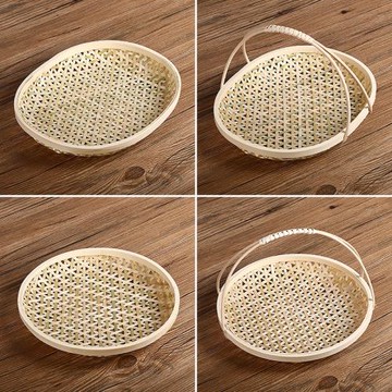 手工竹編果籃 茶點盤 創意家用帶提手收納筐 小籃子 竹篩子小簸箕