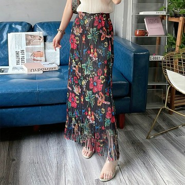 【韓國K.W.-歐美】KSD3387韓國南洋風情流蘇三宅褶皺裙(壓褶/設計/秋裝/新品)