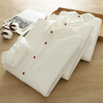 設計所在 知性小文藝 白色加絨襯衫長袖文藝加厚保暖上衣