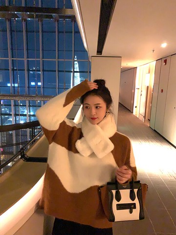 2021秋季新款不規則撞色毛衣女寬松百搭顯瘦慵懶風氣質套頭針織衫