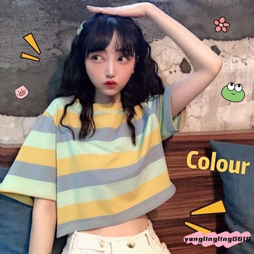 🧊【夏季必備】夏季韓版寬鬆ins短版彩虹條紋短袖T恤 女學生學院風BF短袖體恤上衣ｉ