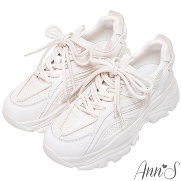 Ann’S魔術第四代-雙重鞋帶立體拼接真皮厚底老爹鞋4cm-白