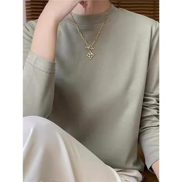 100%純棉長袖T恤女春季新款半高領絲光棉打底衫寬松內搭純色上衣