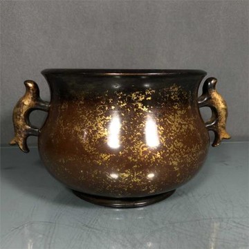 老件紫銅灑金內壇郊社款高11*21*14.5公分3.3公斤游魚香爐擺件