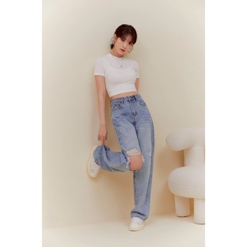 韓國ur.fit授權 韓系刷色破洞直筒牛仔褲(IU、MAMAMOO華莎同款)