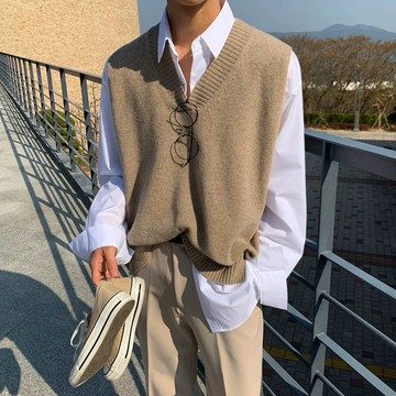 [HYC] 韓國 純色 針織背心 男 春秋 韓版 潮流 個性 V領 毛衣 馬甲 外穿 寬鬆 坎肩上衣 輕熟風 針織馬甲