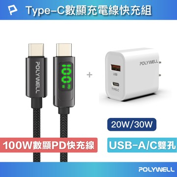 POLYWELL Type-C數顯充電線快充組 20W/30W快充頭+數顯100W快充線 寶利威爾 台灣現貨【全館299免運＋領券再折】