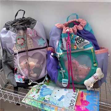 黑櫻醬 日韓復古y2k辣妹甜酷撞色貼布慵懶抽繩百搭休閑痛包雙肩包