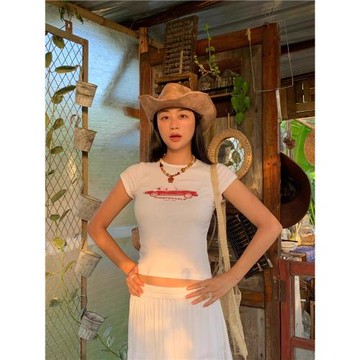 韓國ins小眾法式復古汽車印花正肩短款修身顯瘦純棉高彈短袖T恤女