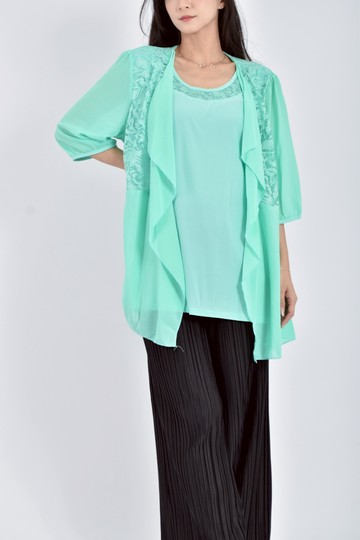 (2XL) yaasa蕾絲假兩件七分綠色短袖上衣